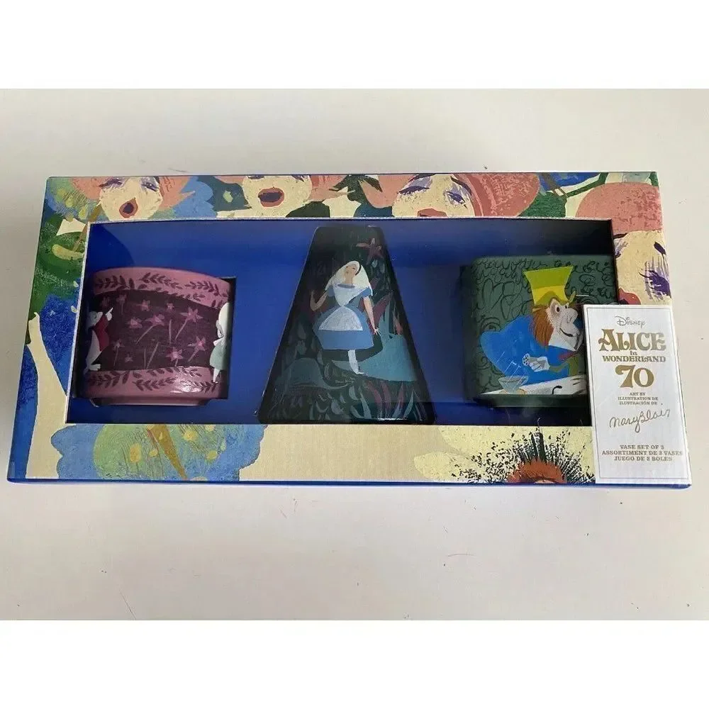 Set Of 3 Disney Store Alice in Wonderland By‎ Mary Blair Vases 70th Anniversary
